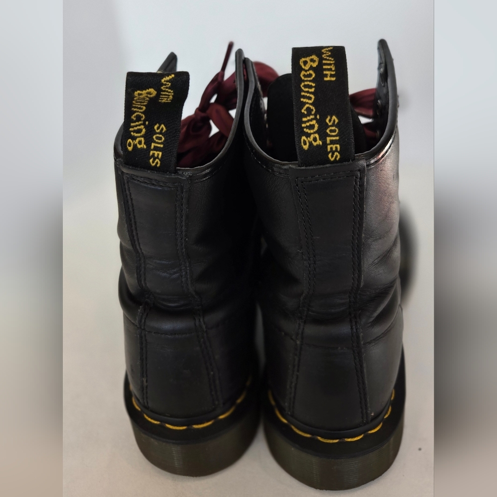 Dr. Martens Black Leather Combat Boots with Chunky Sole and Burgundy Laces - Picture 8 of 16